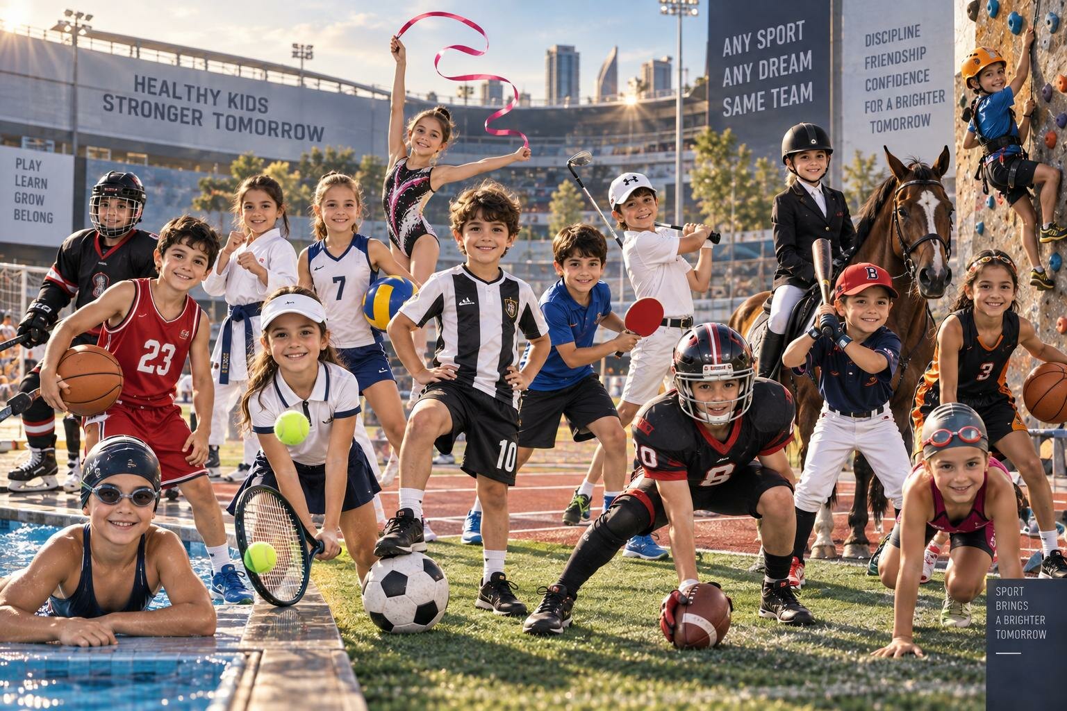 Smiling young athletes from swimming, tennis, football, gymnastics, riding and many other sports