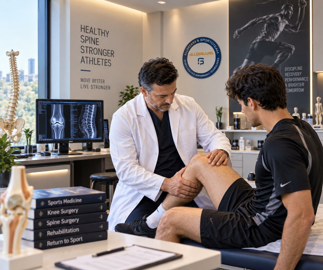 A doctor examining an athlete’s knee in a sports clinic