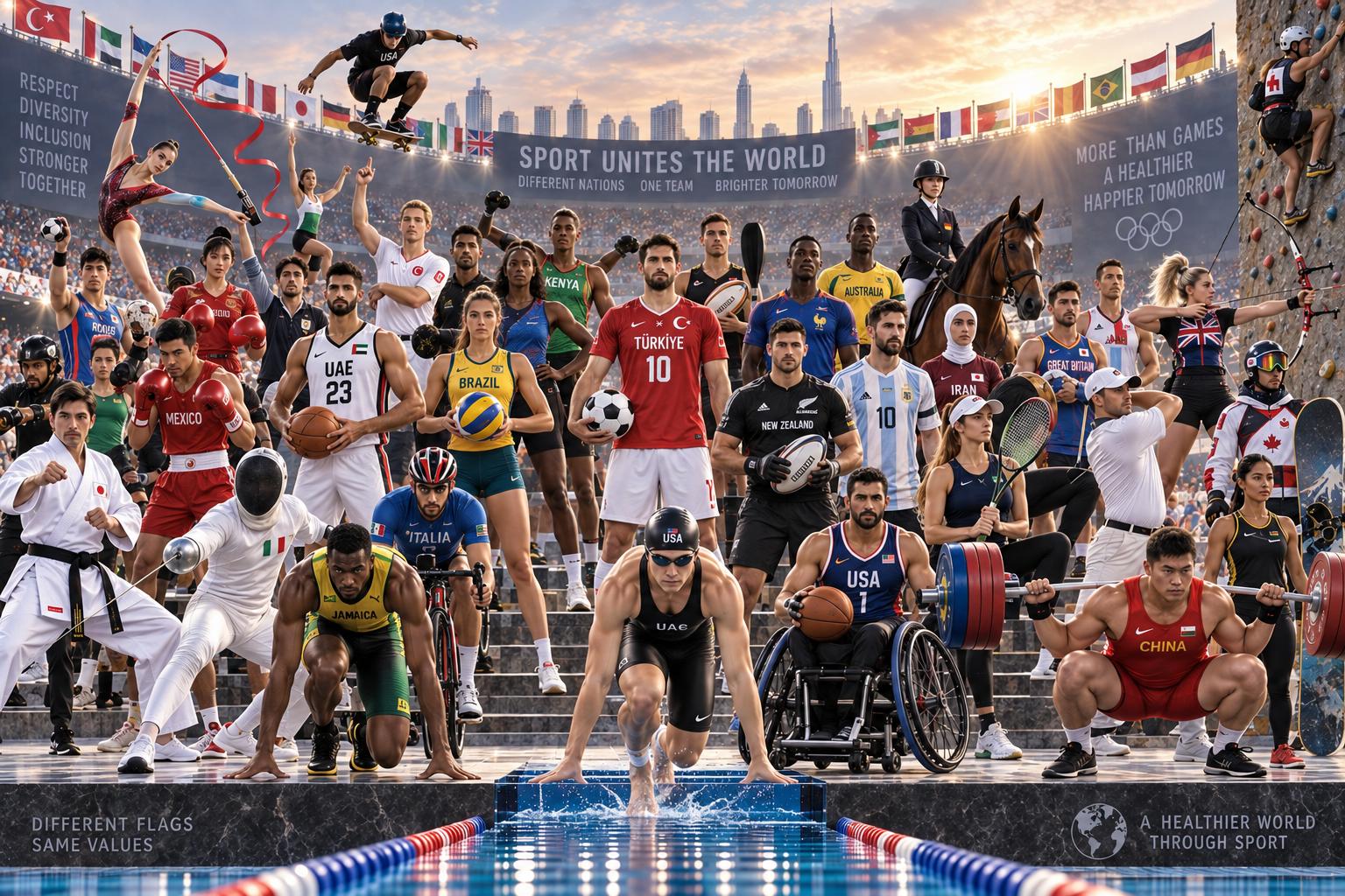 Athletes from dozens of sports — football, basketball, swimming, fencing, wheelchair basketball and more — gathered together in one stadium