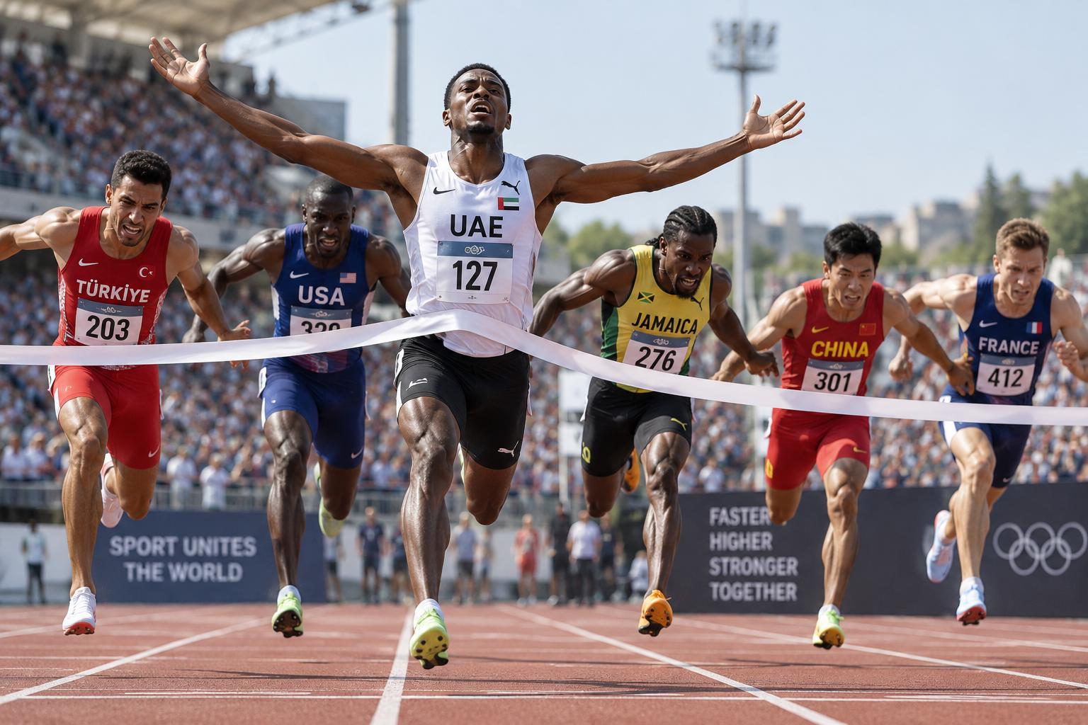 Sprinters from the UAE, Türkiye, USA, Jamaica, China and France crossing the finish line in a packed stadium