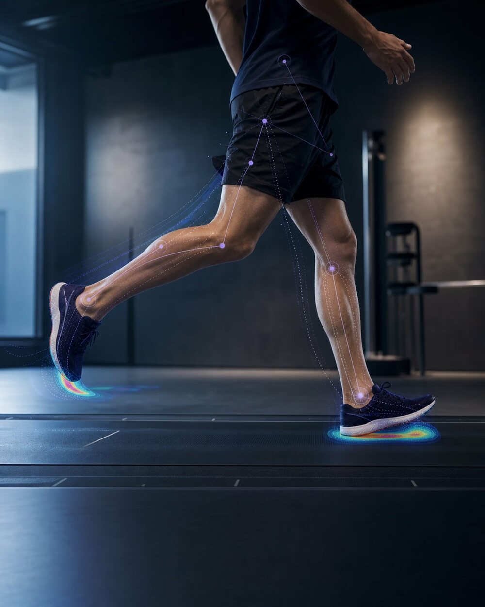 Motion traces on the legs of an athlete running on a treadmill