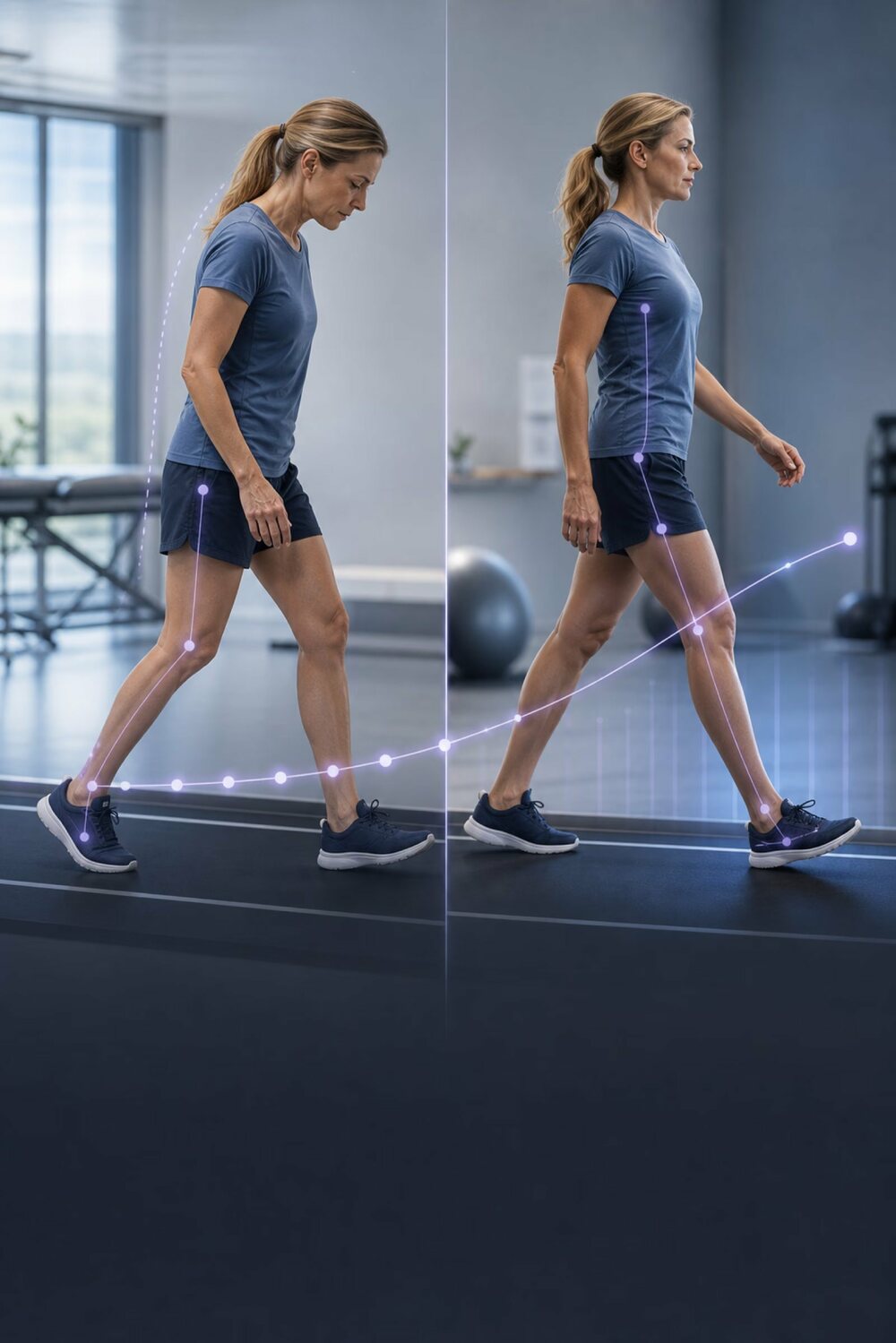 The same athlete walking in two different assessments, side by side