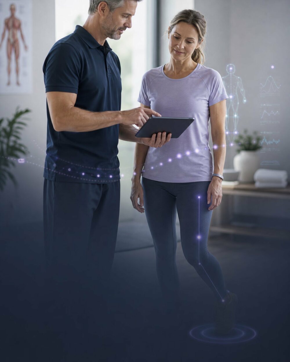 A specialist reviewing movement data on a tablet with an athlete