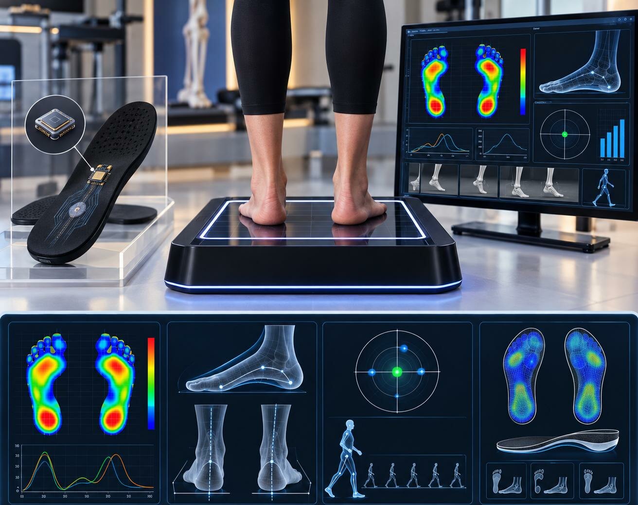 Bare feet on a pressure platform, a sensor insole and foot pressure maps on screen