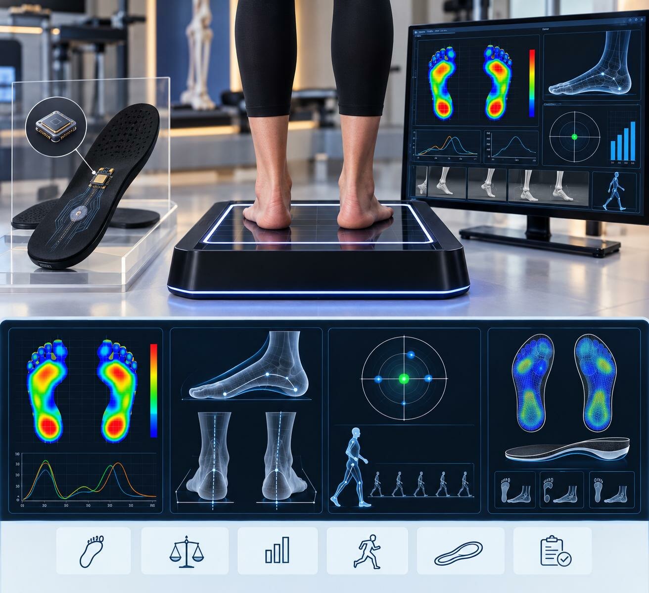 Feet on a pressure platform, a sensor insole and foot pressure maps on screen