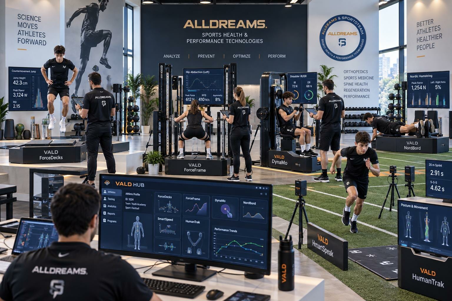 An athlete on a NordBord hamstring test while a practitioner follows the measurement on a tablet