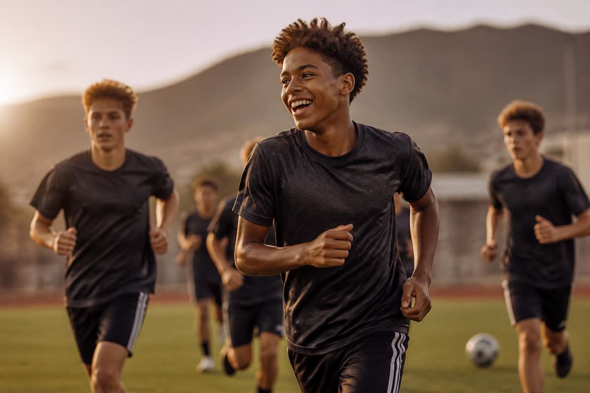 Young athletes training together at golden hour